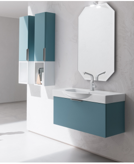 Meuble de salle de bain simple vasque de style contemporain design laqué bleu mat avec miroir et colonne comp BD014