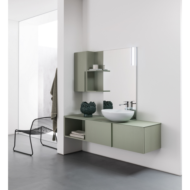 Meuble de salle de bain simple vasque de style contemporain design laqué vert mat avec miroir et colonne comp BD012