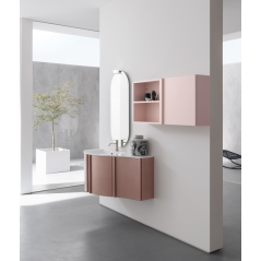 Meuble de salle de bain simple vasque arrondi de style contemporain design laqué rose mat avec 1 miroir et armoire comp BD025