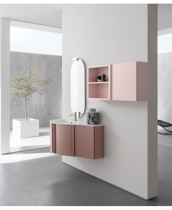 Meuble de salle de bain simple vasque arrondi de style contemporain design laqué rose mat avec 1 miroir et armoire comp BD025