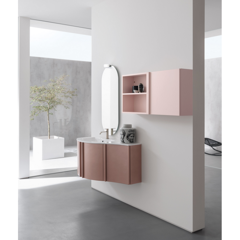 Meuble de salle de bain simple vasque arrondi de style contemporain design laqué rose mat avec 1 miroir et armoire comp BD025