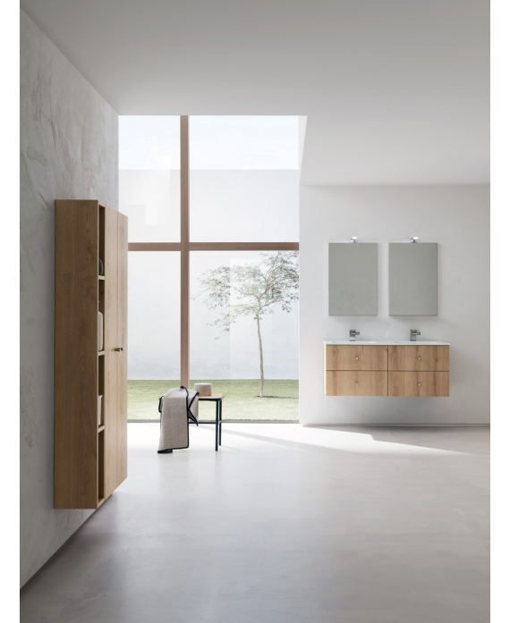Meuble de salle de bain double vasque de style contemporain mélaminé bois clair mat avec 2 miroirs et armoire comp BD024