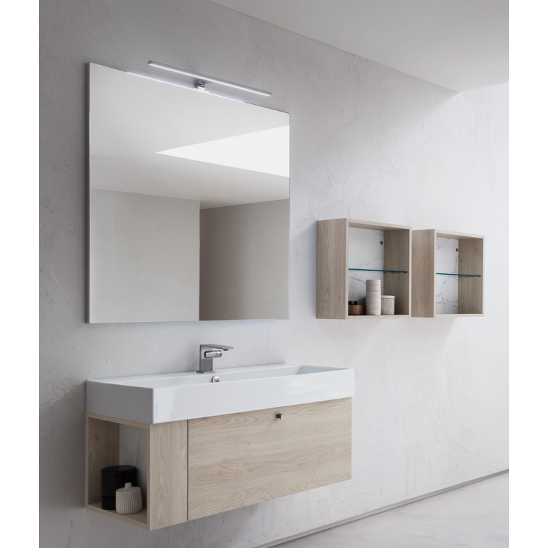 Meuble de salle de bain simple vasque de style contemporain mélaminé bois clair avec 1 miroir et armoires comp BD005