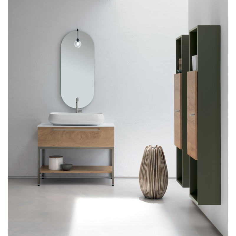 Meuble de salle de bain simple vasque de style contemporain mélaminé bois naturel avec 1 miroir et armoires comp BD010