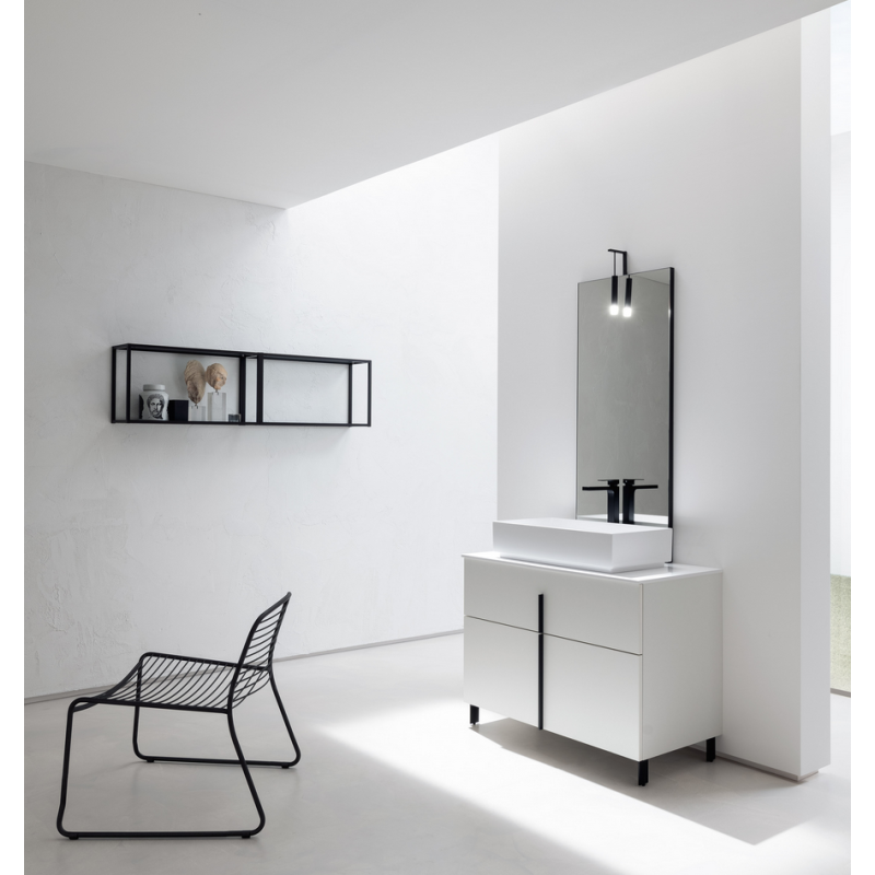 Meuble de salle de bain simple vasque de style contemporain melaminé perle avec 1 miroir et étagère comp BD004