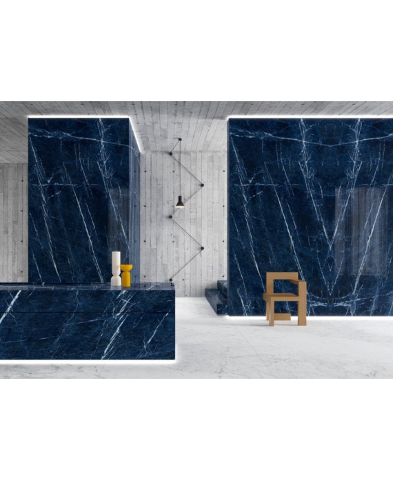 Carrelage imitation marbre bleu poli brillant, faible épaisseur 6mm, 75x75cm et 75x150cm sol et mur ariosodalite blue