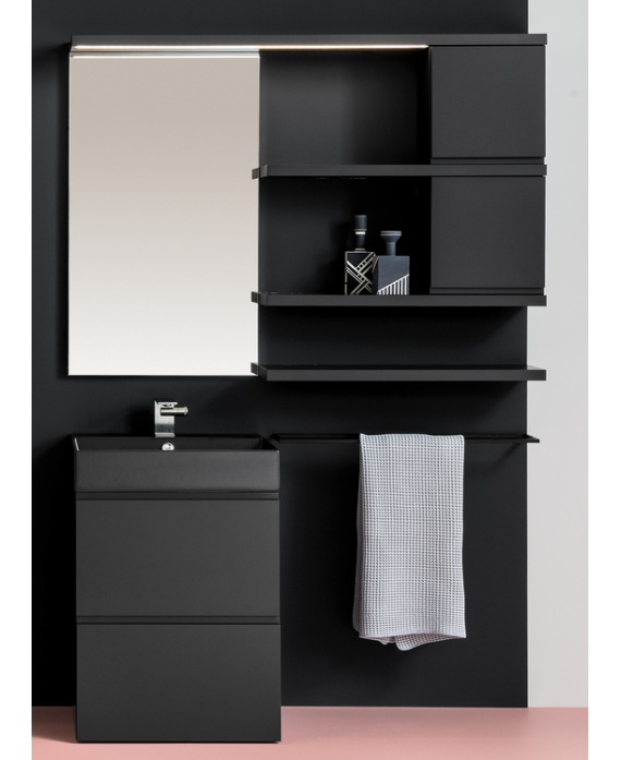 Meuble de salle de bain simple vasque de style contemporain laqué noir mat avec 1 miroir et étagère comp BG41B