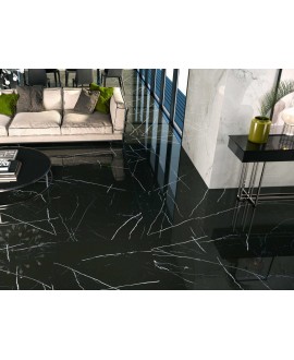 Carrelage imitation marbre noir veiné de blanc poli brillant, salon, XXL 98x98cm rectifié, Porce1815