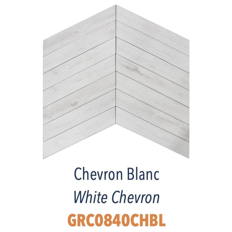 Carrelage imitation bois blanc point de hongrie 8x40cm epaisseur 9mm D chevron blanc