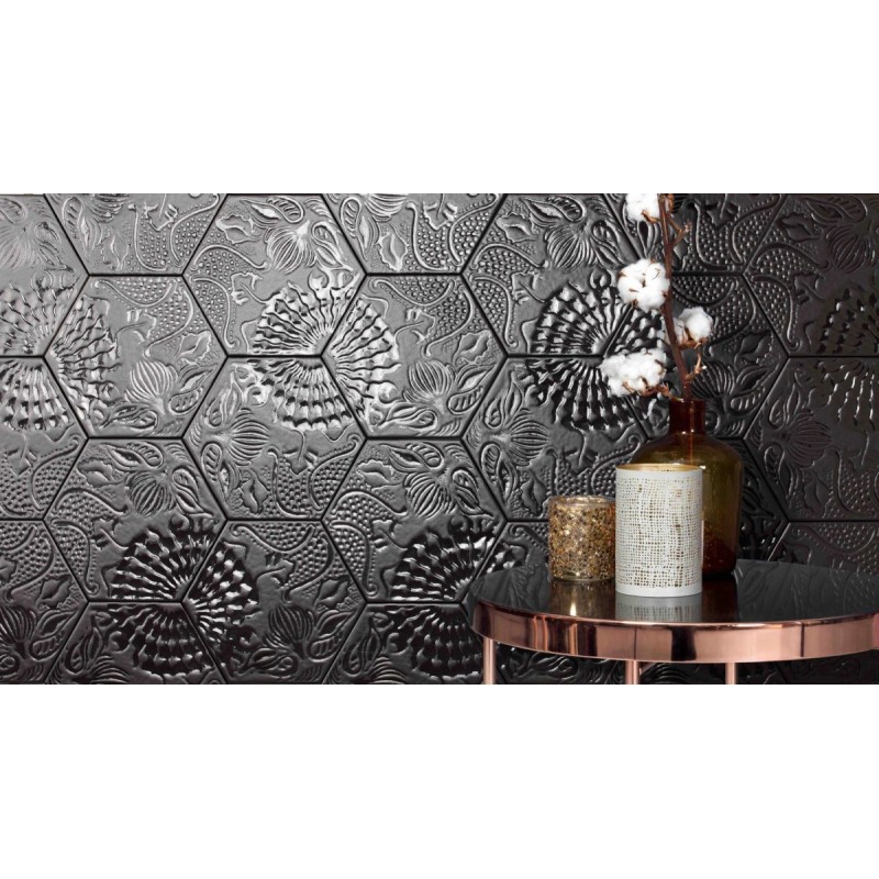 Carrelage décor hexagonal fond noir satiné décor brillant 25x22cm Dif gaudi noir