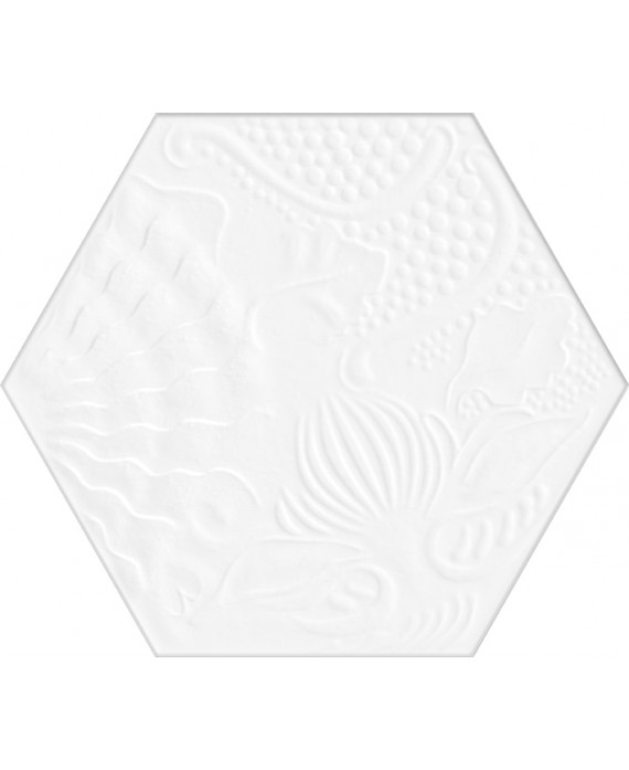 Carrelage décor hexagonal fond blanc satiné décor brillant 25x22cm Dif gaudi blanc