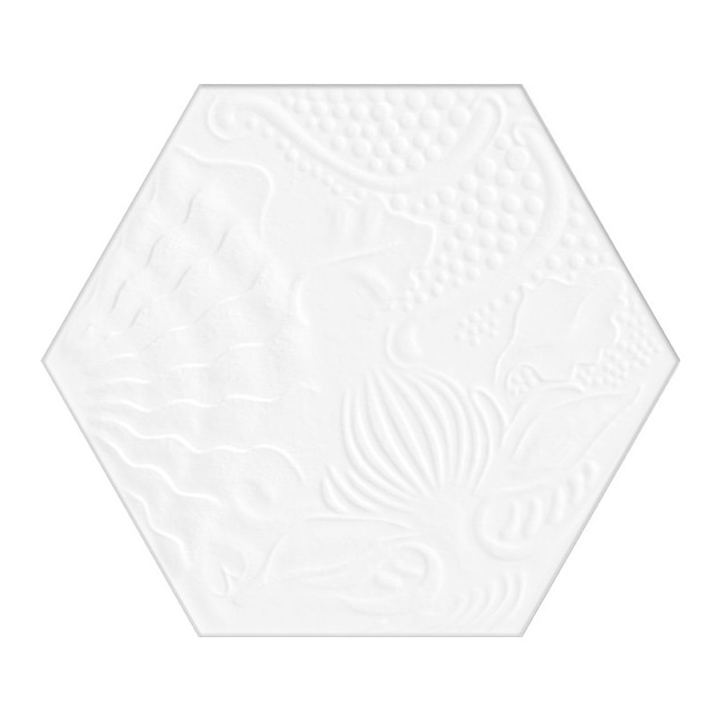 Carrelage décor hexagonal fond blanc satiné décor brillant 25x22cm Dif gaudi blanc