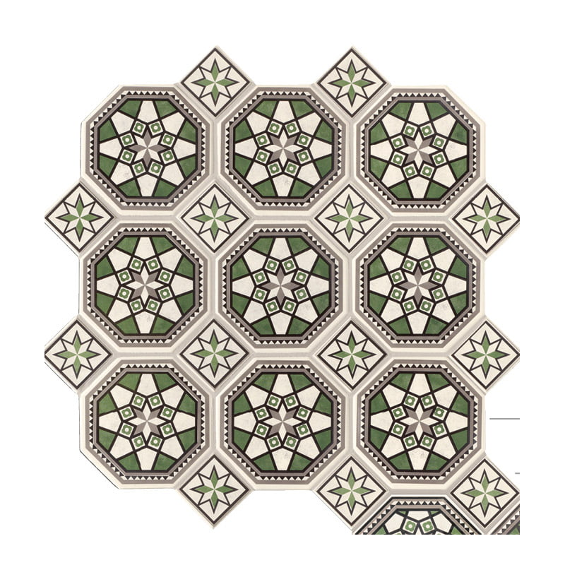 Carrelage imitation carreau ciment ancien vert mat octogone 17x17cm et cabochon 7x7cm sur trame, natottoalaverde