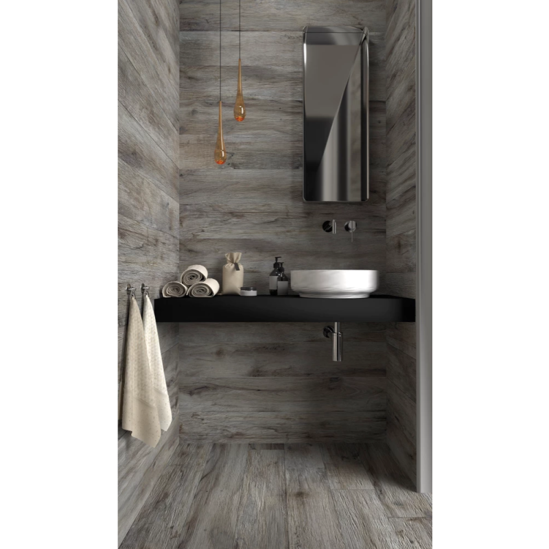 Carrelage effet plancher en bois de chêne gris ancien, salle de bain 20x120cm, savintage grigio