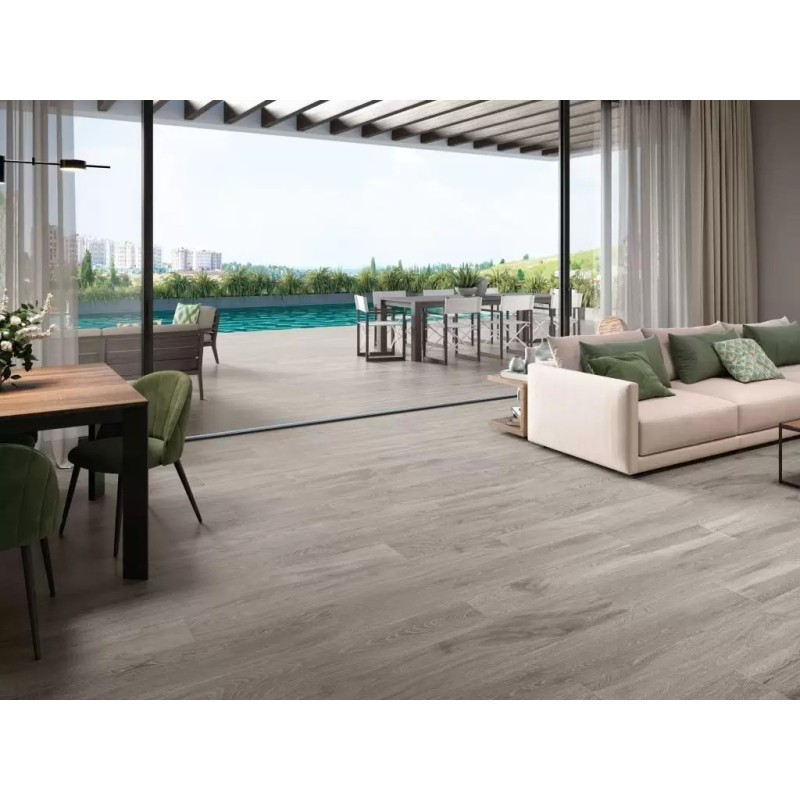 Carrelage imitation parquet chêne cérusé gris mat, longue lame, 21x147.5cm rectifié, Porce6646 fresno