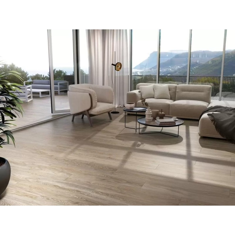 Carrelage imitation parquet chêne cérusé beige antidérapant R11 A+B+C, longue lame, 21x147.5cm rectifié, Porce6946 robble