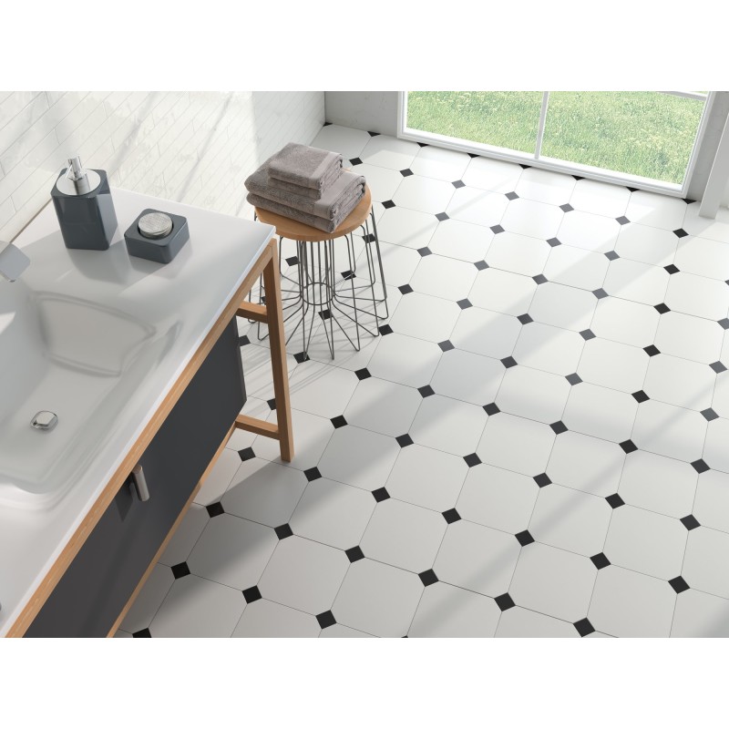 Carrelage salle de bain octogone blanc mat 20x20cm avec cabochon noir ou blanc 4.6x4.6cm pasicocto blanc