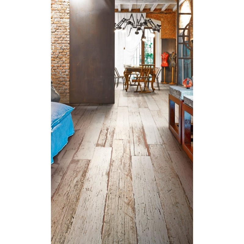 Carrelage vieux parquet bois peint en blanc, sol et mur, rectangulaire, 15x120cm rectifié, Santablend naturel