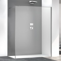 Paroi de douche fixe transparente anti-calcaire, montant aluminium satiné, hauteur 200cm largeur variable megzen sao