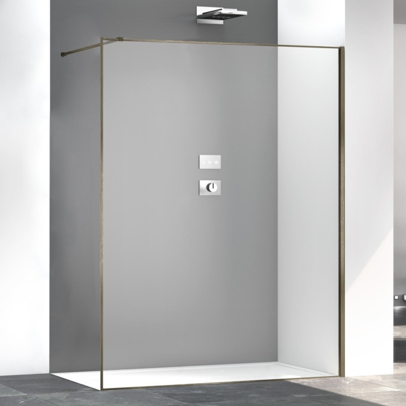 Paroi de douche fixe transparente anti-calcaire, montant bronze brossé satiné, hauteur 200cm largeur variable megzen sao