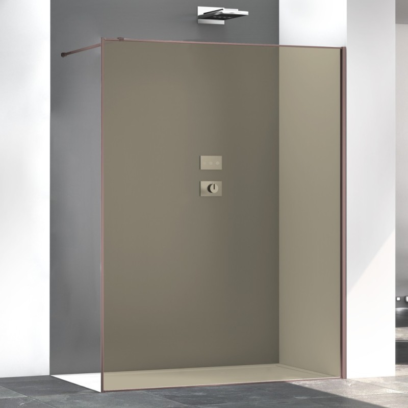 Paroi de douche fixe couleur bronze anti-calcaire, profilé or rose brossé satiné, hauteur 200cm largeur variable megzen sao