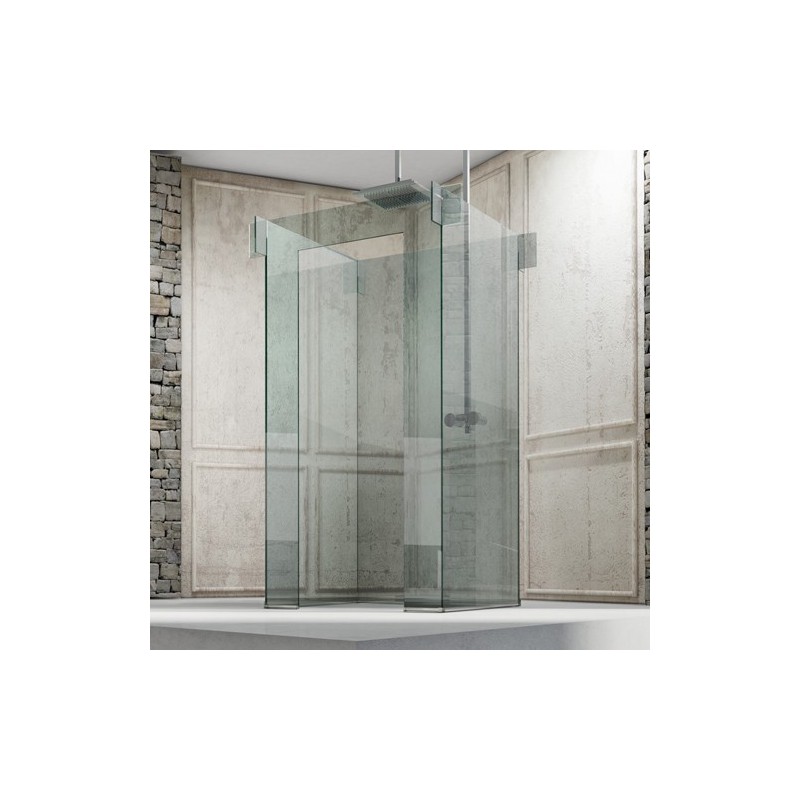 Cabine de douche, profilé inox brillant, hauteur 216cm, verre transparent, extra blanc, fumé sur mesure Megicona A+B+B+C