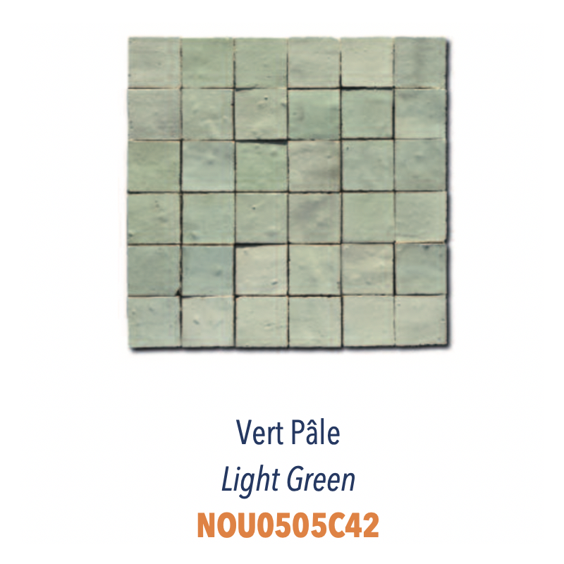 Mosaique zellige salle de bain crédence cuisine D 5x5cm vert pale sur trame 30x30cm