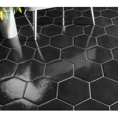 Carrelage noir brillant, hexagonal, ou provençal, en grès cérame émaillé hexagone et arabesque natucmare niza