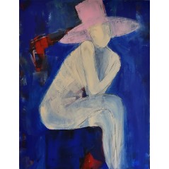 Peinture contemporaine, tableau moderne de nu figuratif, acrylique sur toile 100x100cm intitulée: femme assise de dos