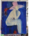 Peinture contemporaine, tableau moderne de nu figuratif, acrylique sur toile 100x100cm intitulée: femme assise de dos