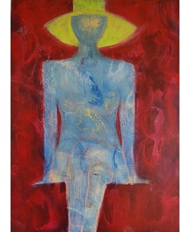 Peinture contemporaine, tableau moderne figuratif de nu , acrylique sur toile 100x73cm intitulée: femme au chapeau vert