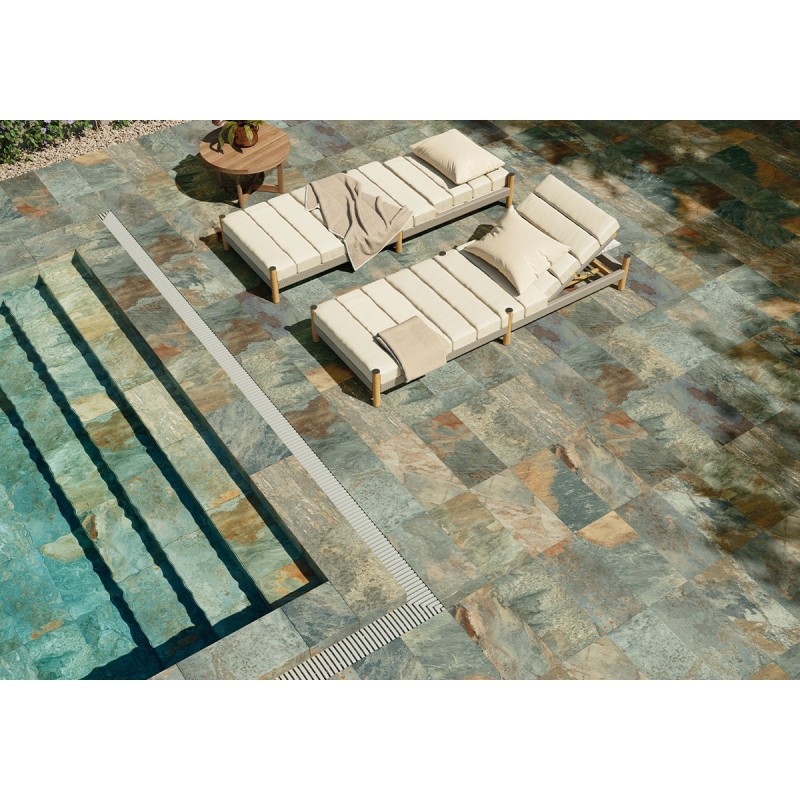 Carrelage terrasse imitation pierre de bali vert gris beige dénuancé 30.3x61.3cm geobali antidérapant