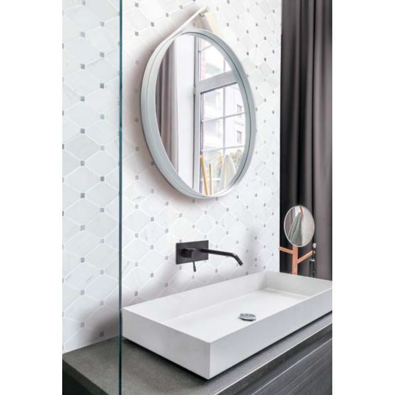 Mini hexagone de pierre blanc cabochon gris sur trame 24.2x23.8cm salle de bain mox lys marfil