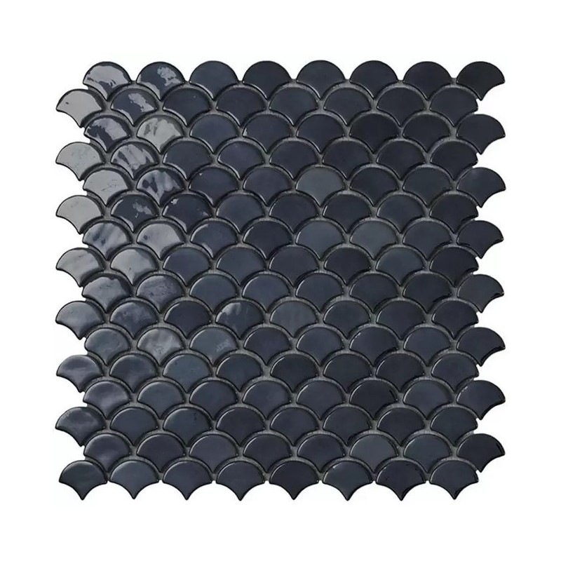 Emaux de verre écaille de poisson noir brillant 36x29mm sur trame 30x30cm, sol et mur vdxsoul 6005S