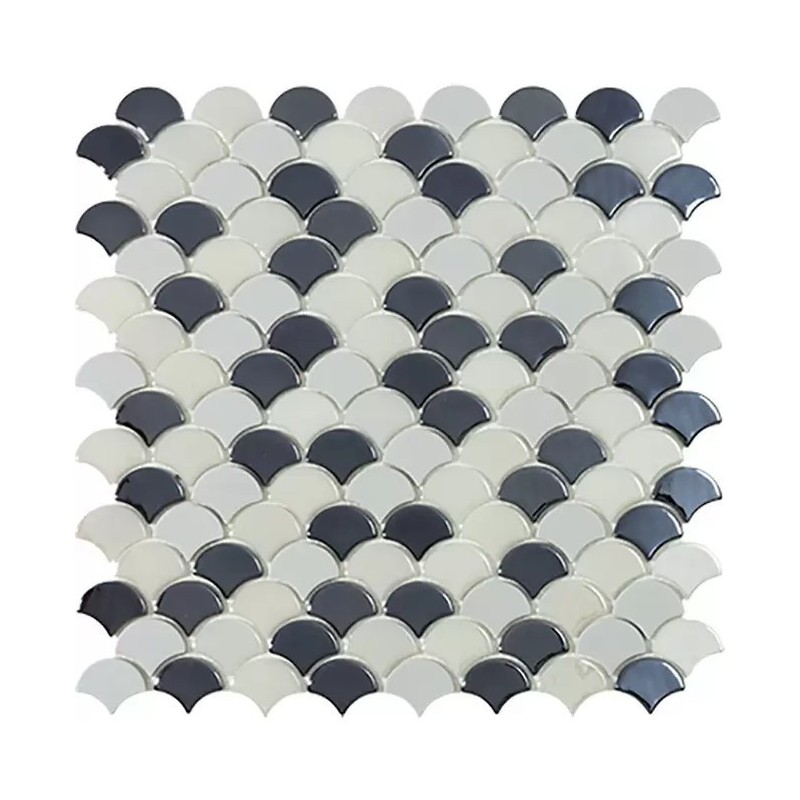 Emaux de verre écaille de poisson noir taupe et blanc mat 36x29mm sur trame 30x30cm, sol et mur vdxsoul frappé mix