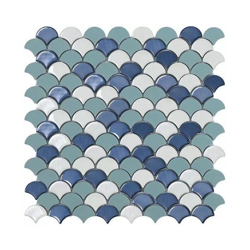 Emaux de verre écaille de poisson bleu et blanc mat et brillant 36x29mm sur trame 30x30cm, sol et mur vdxsoul bleu mix