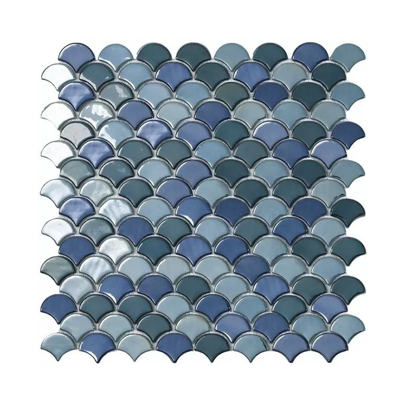 Emaux de verre écaille de poisson vert et bleu brillant 36x29mm sur trame 30x30cm, sol et mur vdxsoul green mix