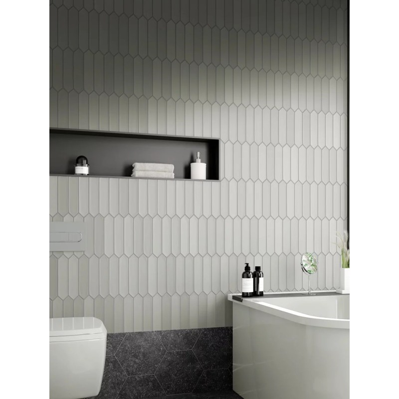 Carrelage navette hexagone bosselé en creux gris mat 5x25x0.9cm, eqxlance gray