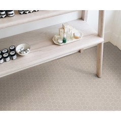 Mosaique hexagonale tomette sol et mur taupe mat 4.3x3.8cm sur trame 31.6x31.6cm terrahexamat dutchwhite