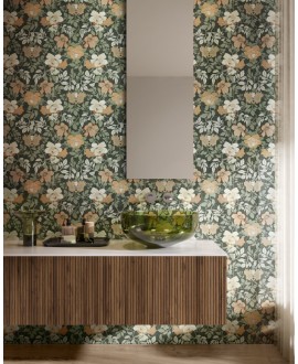 Carrelage décor fleur beige et blanc sur fond vert mat mur et sol salle de bain 60x120 rectifié, santa jardin 05