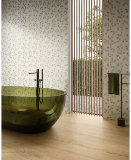 Carrelage décor fleur verte sur fond gris clair mat mur, et sol salle de bain, 60x120 rectifié, santa jardin 09