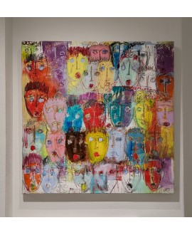 Peinture moderne, tableau contemporain figuratif, acrylique sur toile 100x100cm intitulée: multitetes colorées 4.