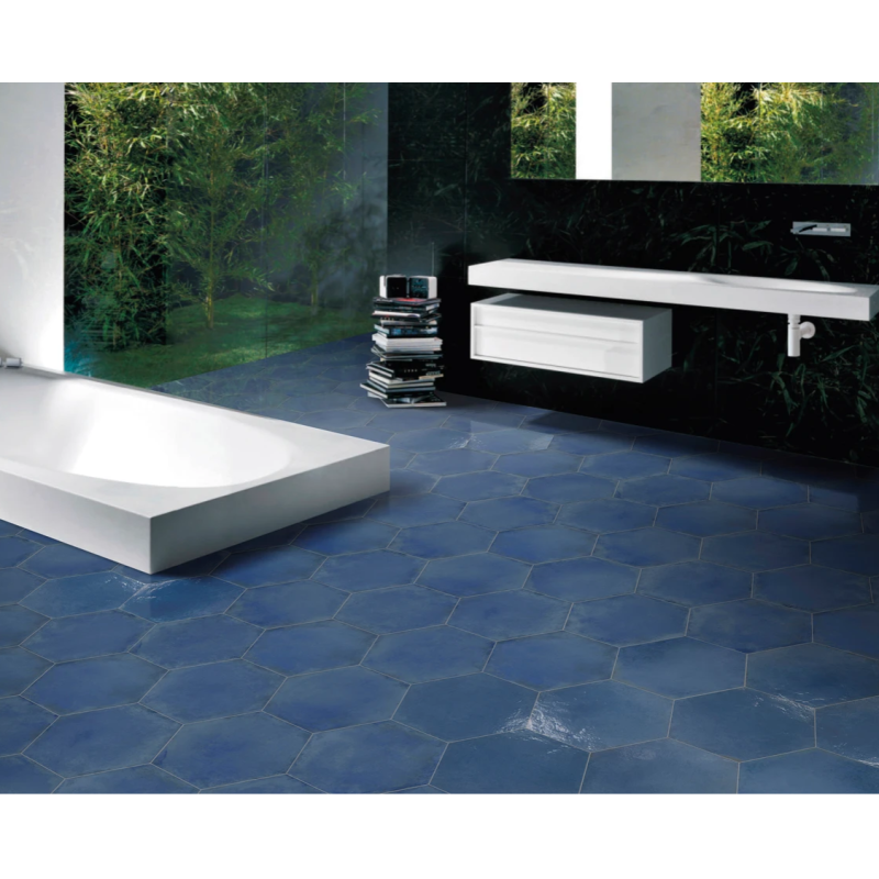 Carrelage hexagone bleu foncé effet carreau ciment brillant 34.5x40cm savietri bleu