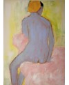 Tableau contemporain figuratif de nu , acrylique sur toile 100x73cm intitulée: femme assise de dos en bleu.
