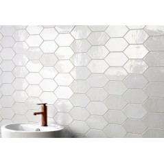 Carrelage blanc brillant sol et mur hexagonal 10x20cm arrow et carré 10x10cm taco natucfez