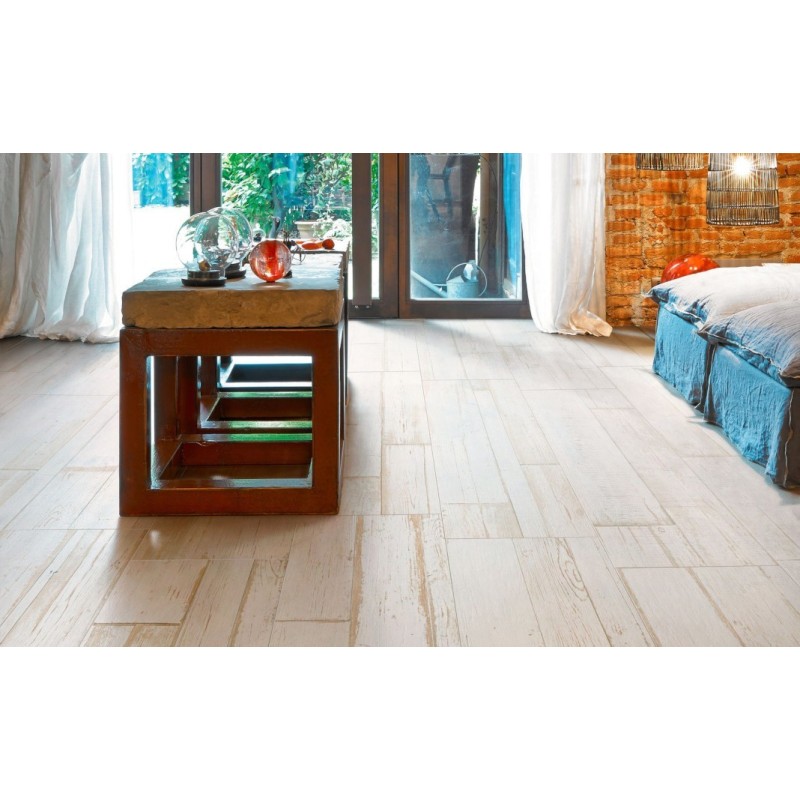 Carrelage vieux parquet bois peint en blanc, chambre, sol et mur, 15X120cm, rectifié, Santablend blanc