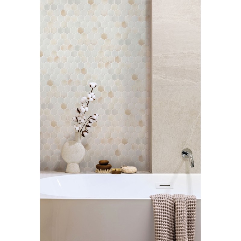 Mosaique de verre hexagonal grand format gris et beige satiné D: 5.16cm onxxl cotto gaia