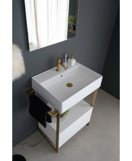Meuble de salle de bain en métal doré avec une vasque blanc mat et un tiroir blanc 69x43.5cm hauteur 90cm scaxsolid21