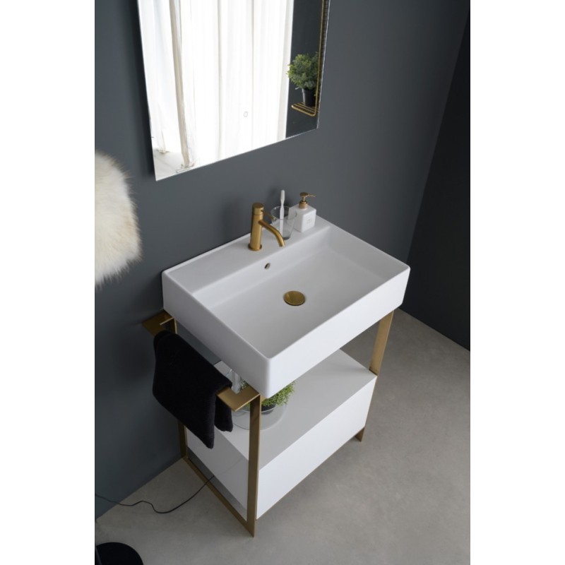 Meuble de salle de bain en métal doré avec une vasque blanc mat et un tiroir blanc 69x43.5cm hauteur 90cm scaxsolid21