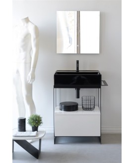 Meuble de salle de bain en métal noir avec une vasque noir brillant et un tiroir blanc 69x43.5cm hauteur 90cm scaxsolid24
